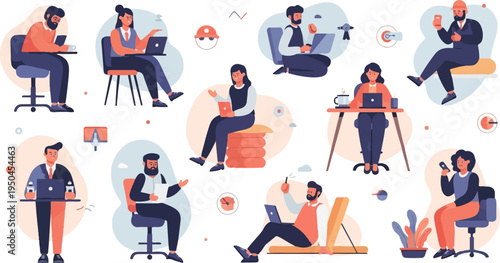 Diverse individuals engaged in various remote work activities and tasks