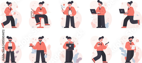 Diverse professionals engage in various tasks, some with tech, others with paperwork