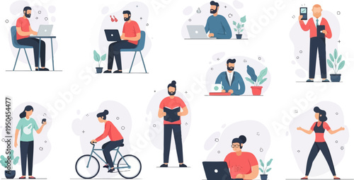 Diverse individuals engaged in various activities, including work, leisure, and exercise