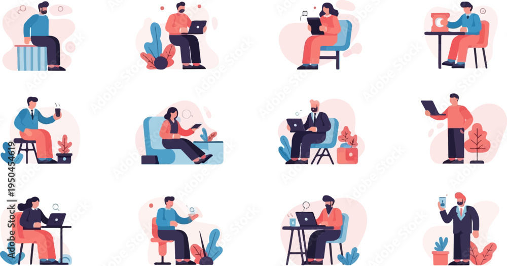 Fototapeta premium Diverse individuals engaged in various work and leisure activities on digital devices