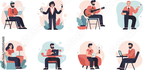 Stylized figures engage in diverse activities, including work and leisure