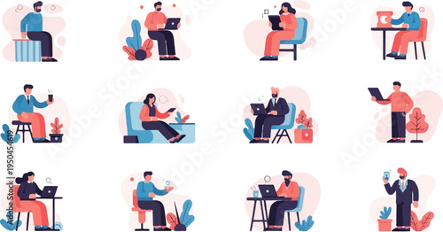 Diverse individuals engaged in various work and leisure activities on digital devices