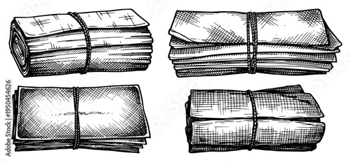 Stacks of bundled newspapers or waste paper tied with string