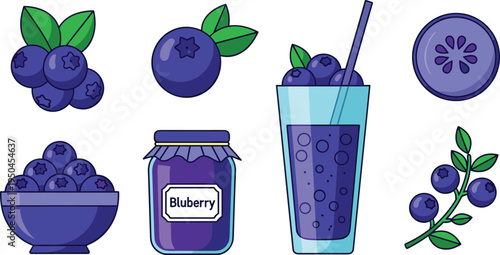 Blueberry Fruit Vector Collection Featuring Fresh Blueberry Berries, Blueberry Jam Jar, Blueberry Juice Drink, Berry Bowl, Blueberry Slice and Branch Illustration