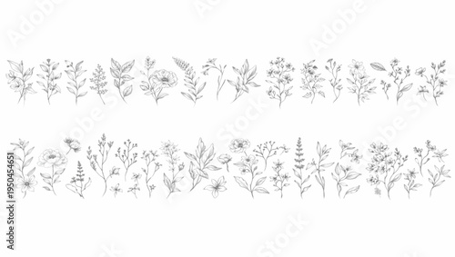 Set of detailed various flowers and foliage, intricate details and delicate forms. Hand drawn vector illustration with elegant botanical elements for invitation, save the date card