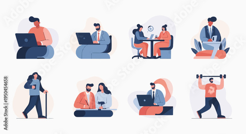 Diverse individuals engaged in various activities like working, meeting, walking, and exercising