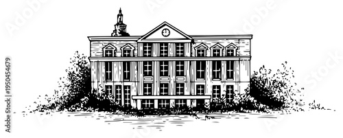 Vintage architectural sketch of a large building with a central clock tower