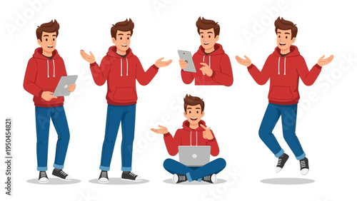 Tech-Savvy Youngster Demonstrating Versatility: This graphic art showcases a tech-savvy youngster, immersed in various digital tasks.