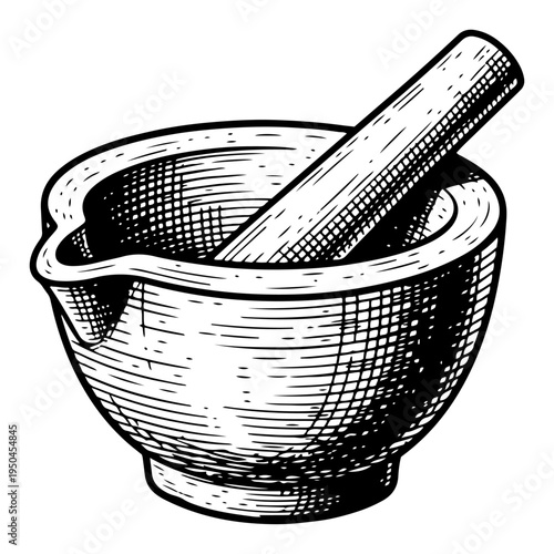 Vintage engraving style illustration of a medical mortar and pestle