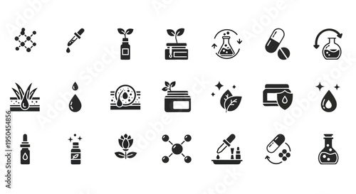  Vector Icons Set of Set of black and white icons representing natural cosmetics and organic skincare products.