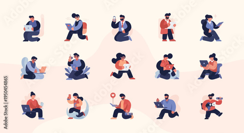 Diverse individuals engaged in work and leisure with electronic devices