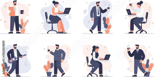 Diverse individuals working, playing guitar, and enjoying drinks in casual settings