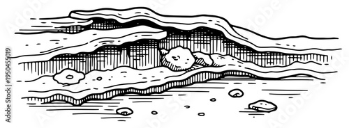 Geological cross section of rocky layers and sediment in hand drawn style