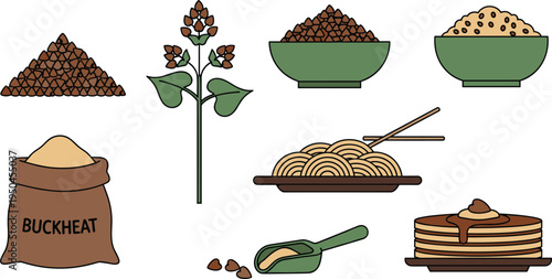 Buckwheat Grain and Dish Collection with Buckwheat Seeds, Buckwheat Plant, Buckwheat Flour Sack, Buckwheat Noodles, Pancakes and Buckwheat Scoop Vector Illustration Set