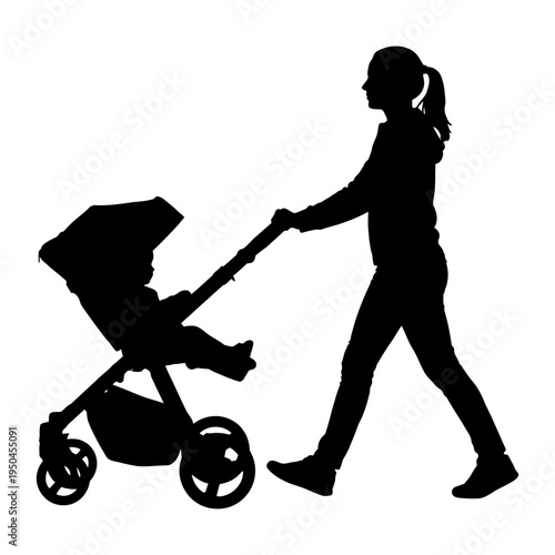 Silhouette of a mother walking and pushing a baby in a stroller, illustrating active parenting, motherhood, and daily childcare routines.