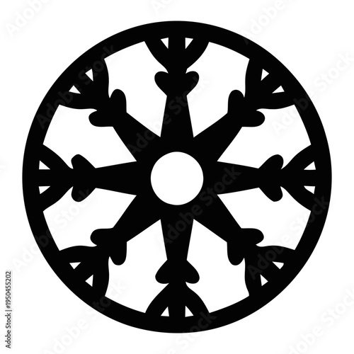 Symmetrical black circular mandala silhouette with geometric radial pattern for decorative design, laser cutting, and spiritual symbolism.