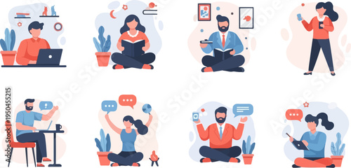 Diverse people engage in work, reading, and communication in minimalist flat illustrations