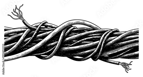 Tightly twisted bundle of wires forming a thick cable or rope