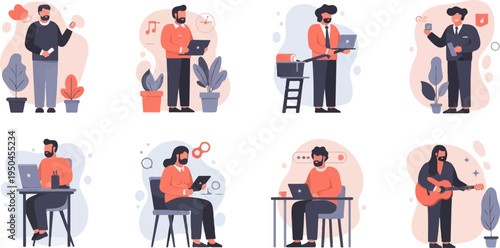 Diverse individuals engaged in various modern daily activities, including work and leisure