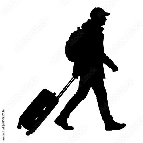Black silhouette of a male traveler walking with a rolling suitcase and backpack, ideal for travel, vacation, and business trip concepts.