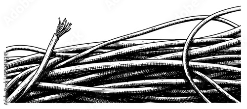 Horizontal pile of cables and wires with exposed copper ends