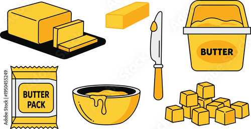 Butter and Dairy Ingredient Vector Collection Featuring Butter Block, Sliced Butter, Butter Cubes, Butter Pack, Butter Container, Knife and Melted Butter Bowl