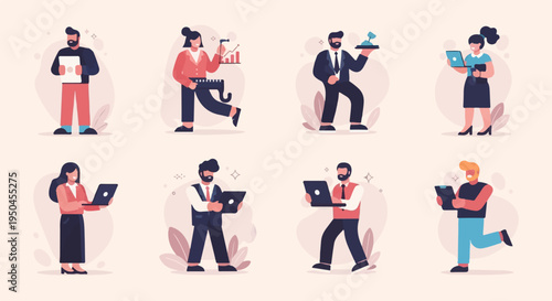 Diverse individuals engaged in various professional tasks using technology and data