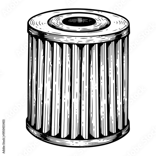 Automotive air or oil filter cylinder in detailed vintage engraving style
