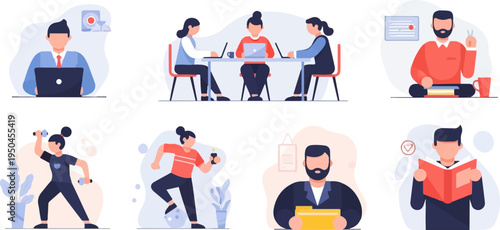 Diverse individuals engaged in work, learning, and fitness activities (1)