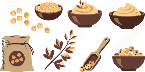 Chickpea and Hummus Food Collection with Dried Chickpeas, Chickpea Bag, Hummus Bowls, Scoop with Chickpeas and Plant Branch Vector Illustration Set
