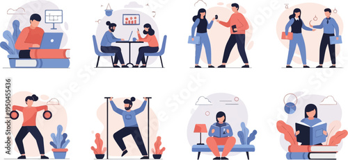 Diverse individuals engaged in work, learning, exercise, and leisure activities