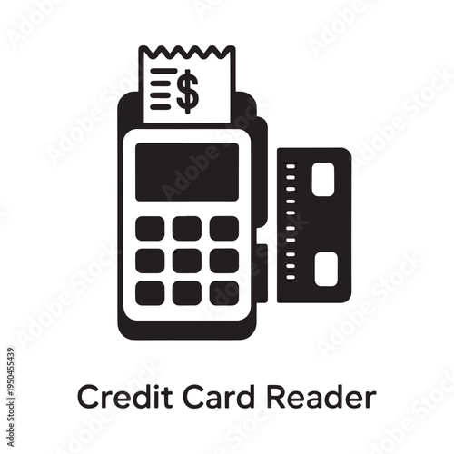 Simple black and white illustration of a pos terminal with card reader