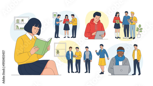 Tableau sur toile Diverse Moments in Daily Life: A collection of illustrations depicting various everyday activities, from reading and studying to collaborative work and casual conversations