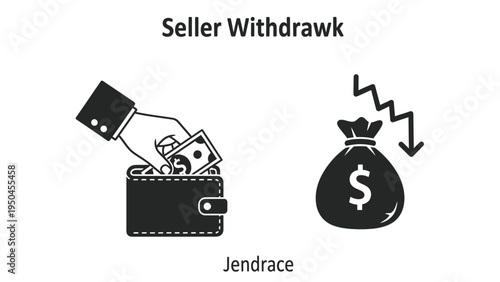 Conceptual illustration of a hand placing money into a wallet next to a money bag with a downward arrow, signifying a seller's withdrawal of funds or a decrease in financial assets