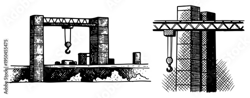 Industrial construction cranes and heavy machinery at work site in vintage style