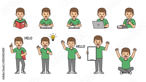 Educational Moments: A young person engaged in various learning activities, capturing a range of academic and communicative actions. 