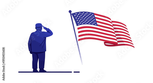 A blue silhouette of a soldier saluting next to a waving American flag on a white background, symbolizing patriotism and military service honor