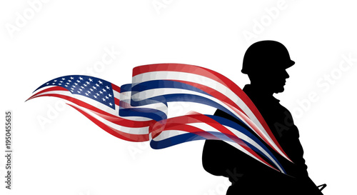 A silhouette of a soldier in a helmet with a flowing American flag against a clean white background, symbolizing military service honor and patriotism on National Vietnam War Veterans Day