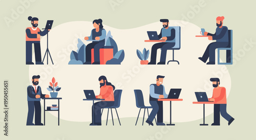 Diverse people engaging in various activities with laptops and technology