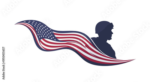 Vector illustration of a USA flag waving behind a military veteran's silhouette on National Vietnam War Veterans Day with patriotic symbolism