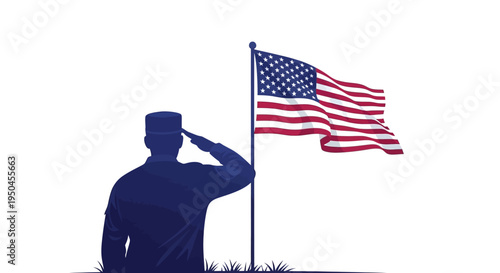 A dark blue silhouette of a military soldier saluting in front of a waving American flag on a pole, symbolizing patriotism and honor on National Vietnam War Veterans Day