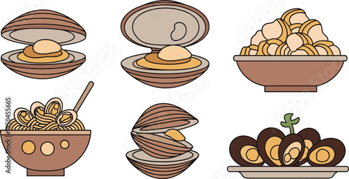 Clam and Shellfish Seafood Collection with Open Clams, Clam Meat, Bowl of Clams, Mussels Plate and Seafood Dish Flat Vector Illustration Set