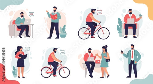 Diverse people engage in various activities like cycling, reading, and working