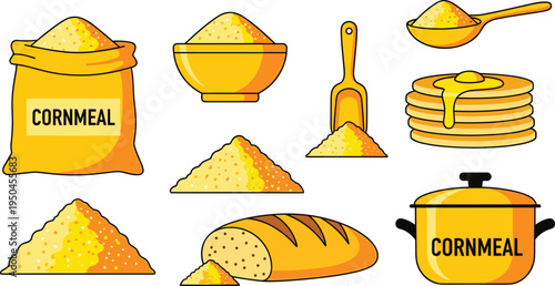 Cornmeal Grain Ingredient Vector Collection Featuring Cornmeal Sack, Cornmeal Bowl, Grain Scoop, Cornmeal Piles, Pancake Stack with Syrup and Corn Bread Loaf