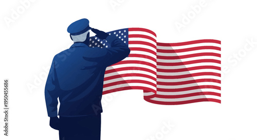 A military man in a blue uniform salutes a waving American flag in a symbolic gesture of patriotism and respect on National Vietnam War Veterans Day