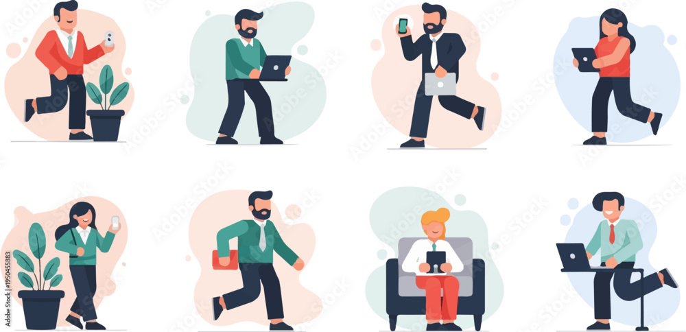 Fototapeta premium Diverse professionals engaged in modern work activities with digital devices and plants