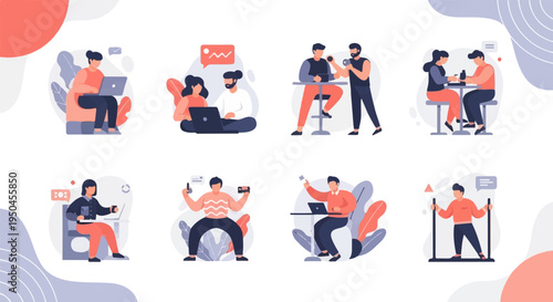 Diverse people engaged in various activities like working, meeting, exercising, and creating