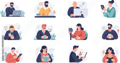 Diverse professionals engaged in daily work and leisure activities, various settings