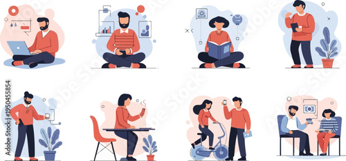 Diverse people engaged in various activities like working, reading, and socializing