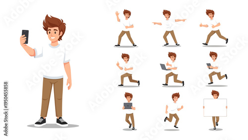 Young Man in Action: A collection of illustrations depicting a young man in various poses, from taking selfies to running with determination, showcasing dynamic action and versatility.